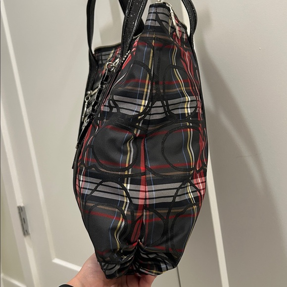 Coach (EUC) Poppy Black and Red Plaid Tote with Black Sequin Trimming & Handles - Picture 6 of 15